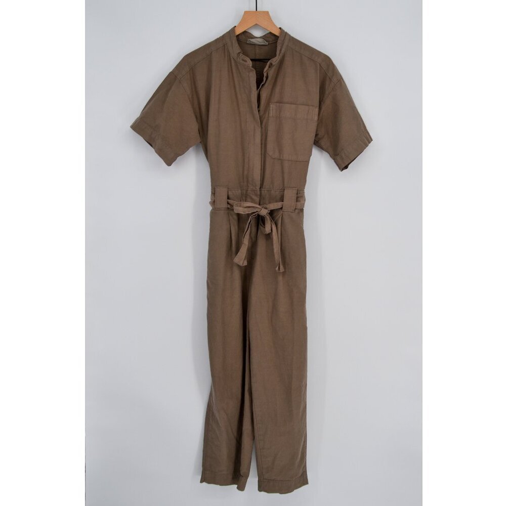 Everlane Fatigue Short Sleeve Jumpsuit Womens 2 Green Organic Cotton Linen Crop